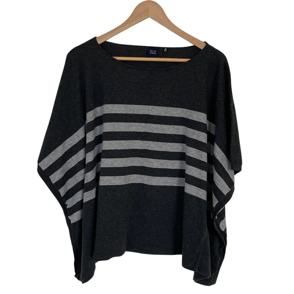 Blue Saks Fifth Avenue Womens Gray Black Striped Poncho Size M Merino Wool Blend - Picture 1 of 9